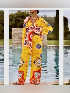 Yellow Printed Wide-Leg Lounge Pants with Matching Shirt